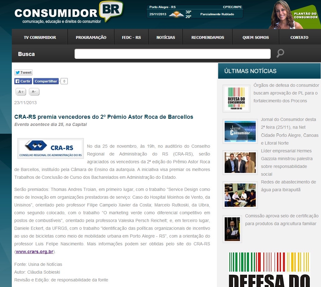 CRA-RS premia vencedores do 2º Prêmio Astor Roca de Barcellos